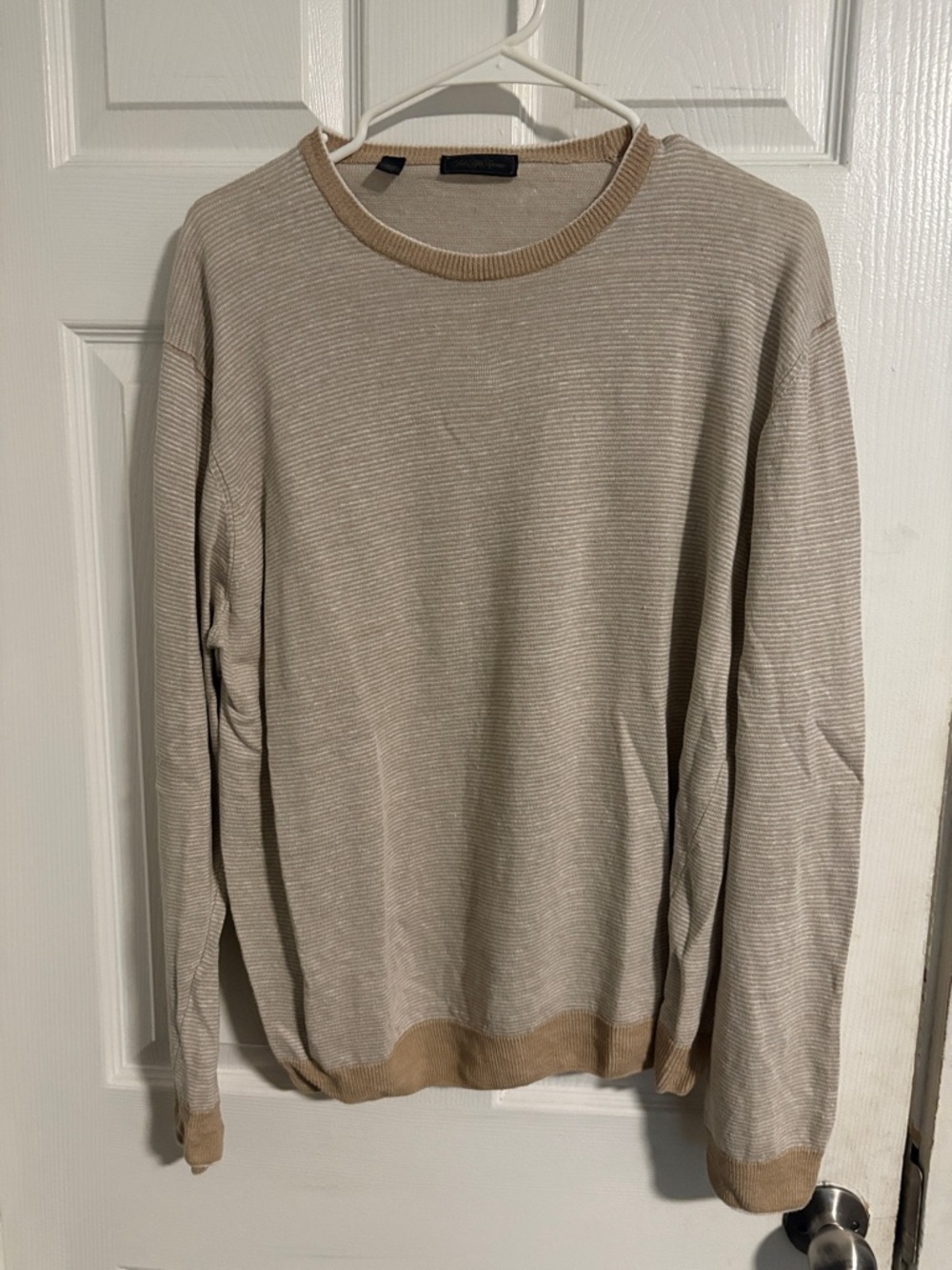 Saks Fifth Avenue Beige and Tan Crewneck Cardigan Sweater